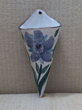Hand-Painted Blue Floral Ceramic Wall Pocket Signed By Artist